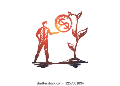 Results, money, plant, profit, income concept. Hand drawn businessman and growing income concept sketch. Isolated vector illustration.