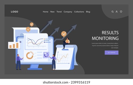 Results Monitoring concept. Professionals scrutinize data analytics for insights and performance metrics, essential in marketing strategy development. Data-driven decision-making. vector illustration