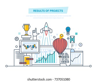 Results of projects. Planning, project management, time control. Risk analysis, strategy, successful business start, success, achievements. Illustration thin line design of vector doodles.