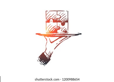 Results, puzzle, connection, solution, teamwork concept. Hand drawn puzzle completed, symbol of result concept sketch. Isolated vector illustration.