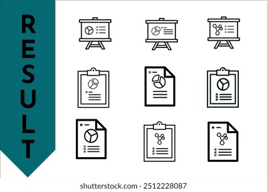 Resultados. Investigación y análisis. Conjunto de iconos de estilo de diseño de esquema. Conveniente para la educación, los negocios, la economía. Plantilla de diseño de Vector