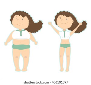results of the right diet: fat and thin girl. Losing the extra kilos