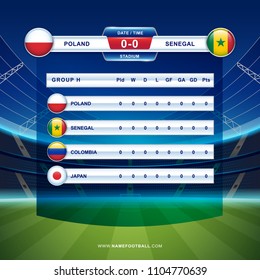 Results & Standing Tables Scoreboard Broadcast template Soccer 2018 championship tournament in russia - GROUP H Poland Senegal Colombia Japan vector illustration