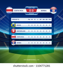 Results & Standing Tables Scoreboard Broadcast template Soccer 2018 championship tournament in russia - GROUP E Brazil Switzerland Costa Rica Serbia vector illustration