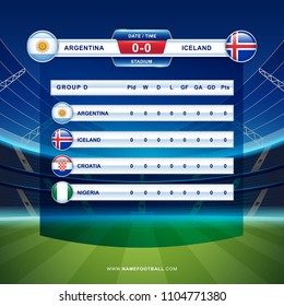 Results & Standing Tables Scoreboard Broadcast template Soccer 2018 championship tournament in russia - GROUP D Argentina Iceland Croatia Nigeria vector illustration