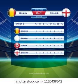 Results & Standing Tables Scoreboard Broadcast template Soccer 2018 championship tournament in russia - GROUP G Belgium Panama Tunisia England vector illustration