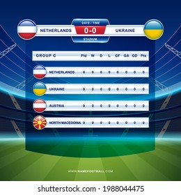 Results, standing tables scoreboard broadcast template soccer 2020 championship tournament groups C netherlands ukraine austria north macedonia vector illustration