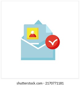 Resume accepted flat icon. Email sended. Approved. Personal recruitment information. Career biography. Job search, employment, career growth concept. Color vector illustration