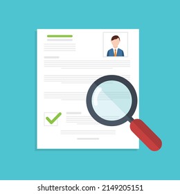 Resume analysis, use magnifying glass to view recruitment resume, concept of recruitment and human resources	