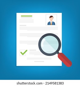 Resume analysis, use magnifying glass to view recruitment resume, concept of recruitment and human resources	