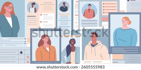 Resume of applicants concept. People find job, many different questionnaires with information and photos. Investigation of crimes, dossiers on employees, vector scene