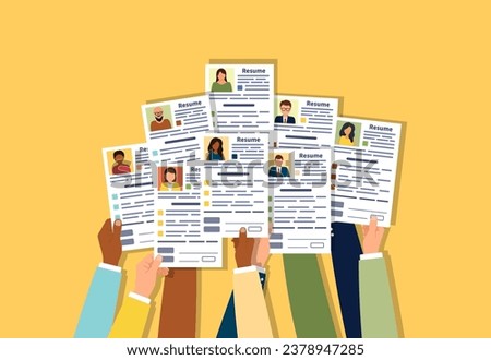 Resume for applying job. Crowd hands submitting job applications. Candidate's diversity participate in a recruitment competition. vector illustration