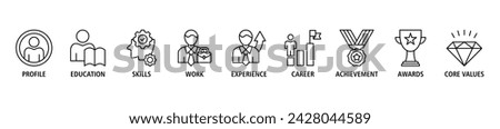 Resume banner web icon set vector illustration concept with icon of profile, education, skills, work experience, career, achievement, awards, core values