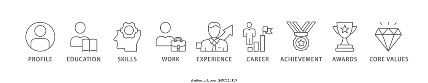 Resume banner web icon vector illustration concept with icon of profile, education, skills, work experience, career, achievement, awards, core values