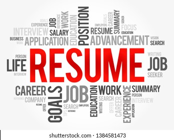 Resume is a brief summary of personal and professional experiences, skills, and education history, word cloud concept background