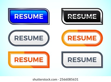 Resume button set of different shapes and colors. Suitable for mobile app, and website UI design.