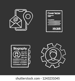 Resume chalk icons set. Contact information, cover letter, personnel file, professional skills. Isolated vector chalkboard illustrations