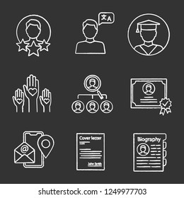Resume chalk icons set. Experience, language skills, education, volunteering, vacancy, certificate, contact information, cover letter, biography. Isolated vector chalkboard illustrations