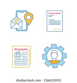 Resume color icons set. Contact information, cover letter, personnel file, professional skills. Isolated vector illustrations