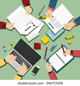 resume concept. top view on green background. Flat design.