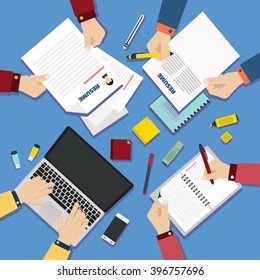 resume concept.top view on blue background. Flat design.