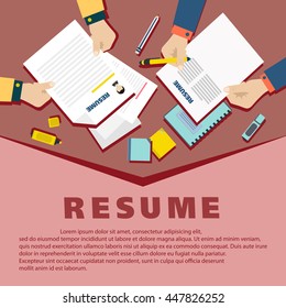 resume concept.top view on red background. Flat design.
