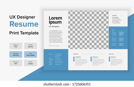 Resume and Cover Letter with Blue and Gray Accents. Minimal Resume Layout with blue Accent for UX designer.
