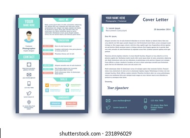 Resume and cover letter or cv vector design template on two pages isolated on white. Curriculum vitae illustrated with mail, phone, portfolio, social network and location pointer icons.