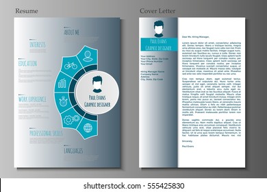 Resume and Cover letter in flat style design on grey background. CV set with Infographics elements. Clean vector.