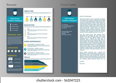 Resume and Cover letter in flat style design on grey background. CV set with Infographics elements. Clean vector.