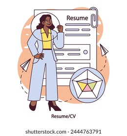 Resume Crafting. Job seeker confidently polishes her resume, ensuring her skills and experience shine for potential employers. Vector illustration.
