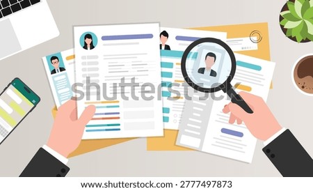 Resume CV document review with magnifying glass and recruitment process concept on top view of working desk with office equipment.