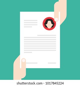 Resume, CV. Find person for job opportunity, vector illustration design. Concept search better candidate for open position. We are hiring, hr. Job offer. Wanted employee. Aquamarine background.
