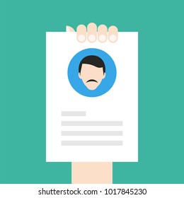 Resume, CV. Find person for job opportunity, vector illustration design. Concept search better candidate for open position. We are hiring, hr. Job offer. Wanted employee. Aquamarine background.