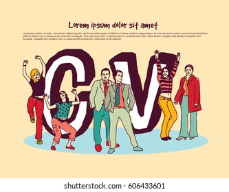 Resume cv group people color headline and sign. Color vector illustration. EPS8