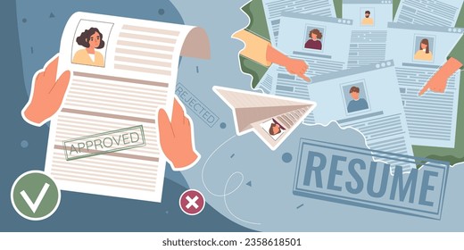 Resume cv job composition with collage of flat icons approval and refusal pictograms paper job applications vector illustration