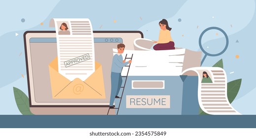 Resume cv job flat composition with doodle human characters stack of papers hand lens and laptop vector illustration
