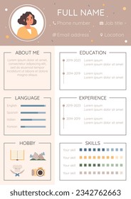 Resume cv job flat infographic composition with example of job application editable text skills and avatar vector illustration