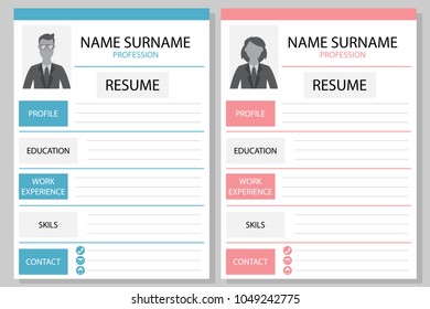 Resume and cv template design for man and woman vector illustration.