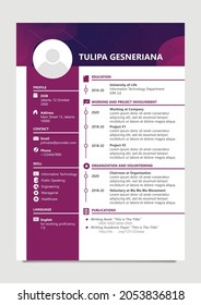 Resume design with a futuristic curvy purple background. The curriculum vitae template with personal data, personal contact, education, working and organization experience, and publication slot.