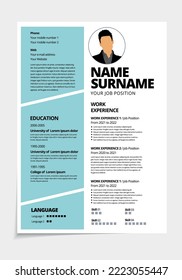 Resume design template minimalist cv. Business layout vector for job applications. A4 size.