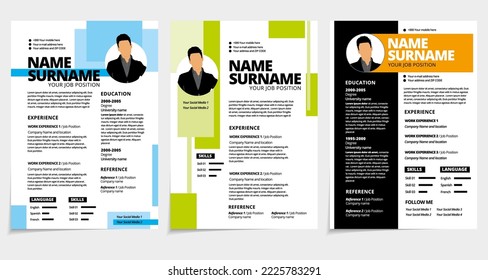 Resume design template minimalist cv. Set of business layout vector for job applications. A4 size.