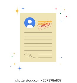 Resume Document With Hired Stamp In Flat Vector Illustration Symbolizing Employment, Recruitment, And Job Hiring, Isolated On White Background.