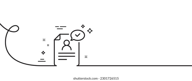 Resume document line icon. Continuous one line with curl. Contract application sign. Agreement file symbol. Resume document single outline ribbon. Loop curve pattern. Vector
