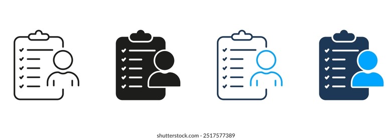 Dokumentzeile und Silhouettensymbolsatz fortsetzen. CV Letter Form Piktogramm. Beschäftigungspapier, Interviewkandidaten-Symbol. Profilinformationen. Bearbeitbarer Strich. Isolierte Vektorgrafik.