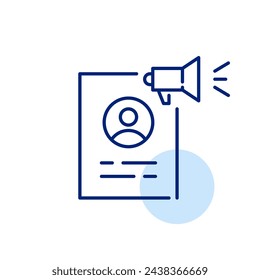 Dokument mit Lautsprecher fortsetzen. Ankündigung von Qualifikationen oder Jobsuche. Pixel perfektes, bearbeitbares Strichsymbol