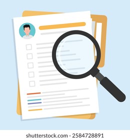 Resume document paper in flat design with a magnifying glass.