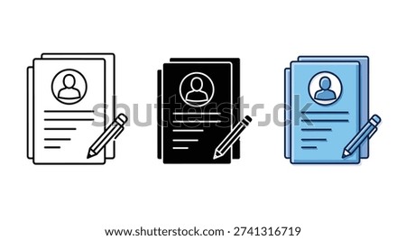 Resume document with profile picture and pencil icon in three design styles