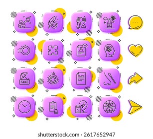 Resume document, Puzzle and Hypoallergenic tested line icons. App 3d buttons. Social media comment, share, like icons. Pack of Nasal test, Fake news, Alcohol addiction icon. Vector
