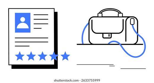Resume document showcasing five-star rating next to a professional briefcase. Ideal for job market, career growth, hiring processes, professional evaluations, HR materials, resume building, business